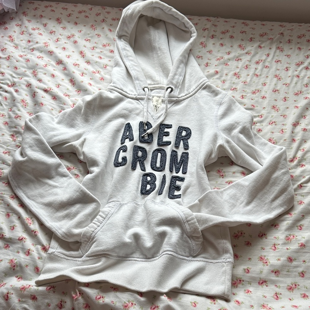 Abercrombie & Fitch White Hoodie with Dark Blue text